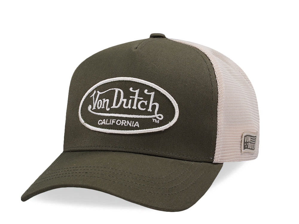 Von Dutch Embroidered Oval Patch Olive Trucker Strapback Cap