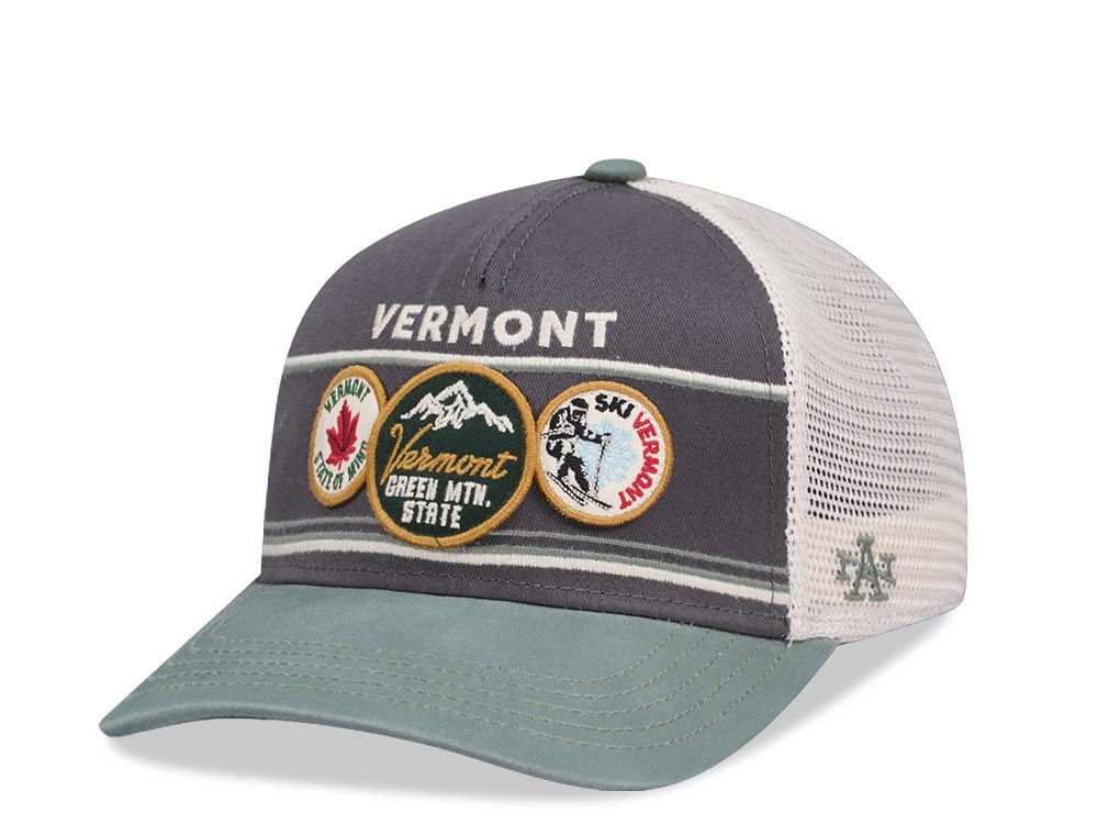 American Needle Vermont Domino Ivory Cool Gray Cedar Trucker Snapback Hat