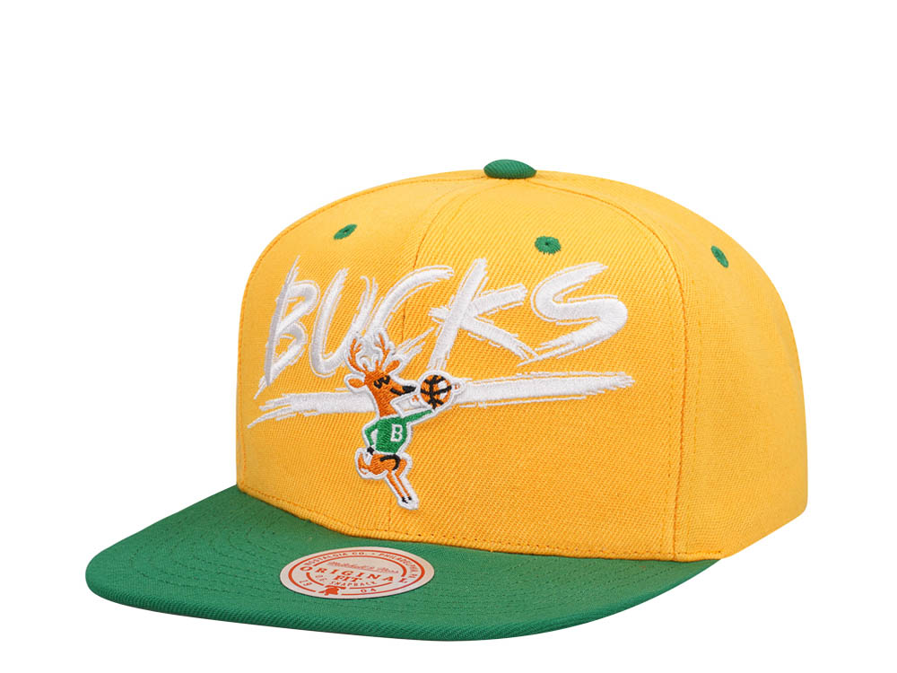Mitchell & Ness Milwaukee Bucks Transcript Yellow Two Tone Snapback Hat