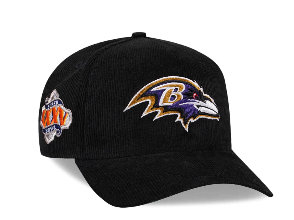 New Era Baltimore Ravens Super Bowl XXXV Black Corduroy Edition 9Forty A Frame Snapback Hat