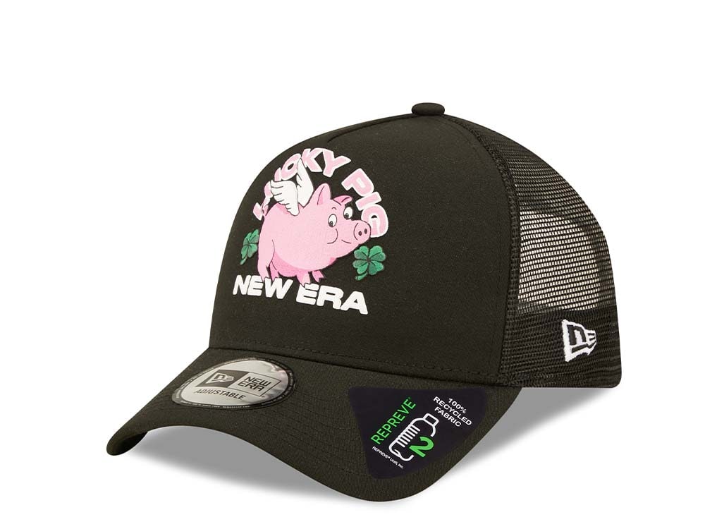 New Era Lucky Pig Logo Black A Frame Trucker Snapback Hat