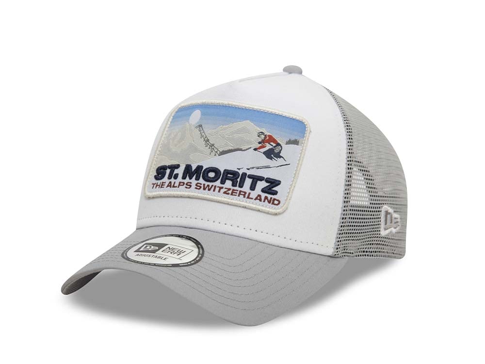 New Era Ski Patch St. Mortiz Edition White 9Forty A Frame Trucker Snapback Hat