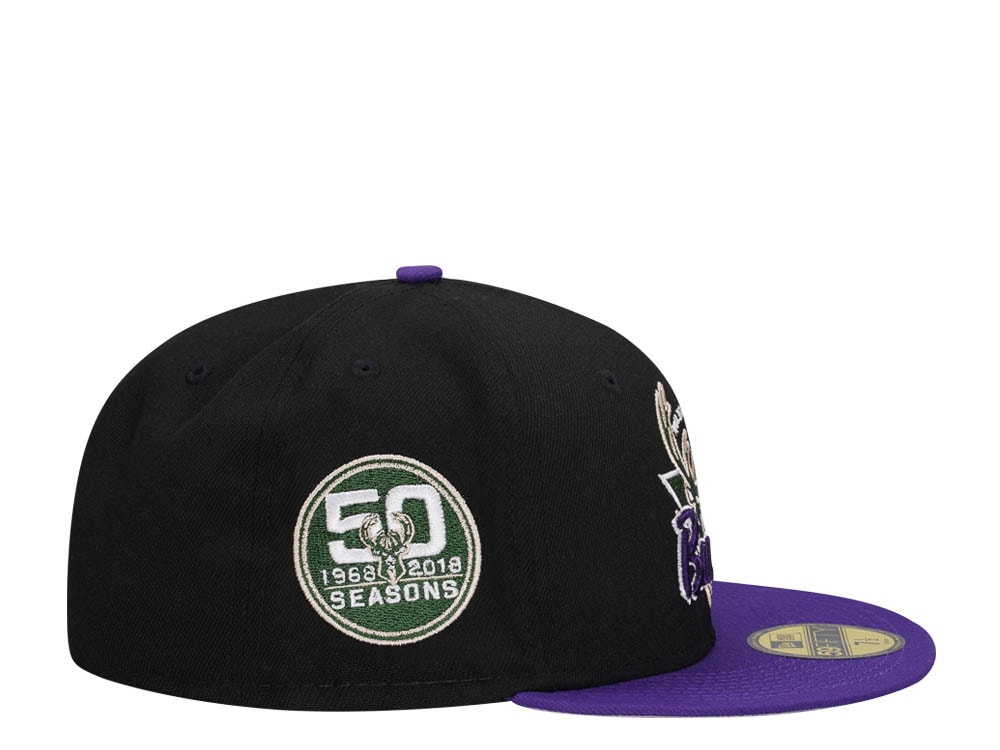 New Era Milwaukee Bucks 50th Anniversary Black Purple Two Tone Classic Edition 59Fifty Fitted Hat