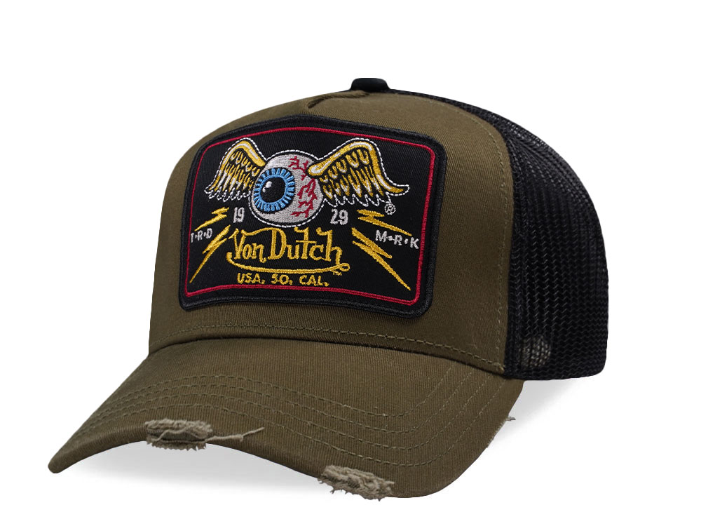 Von Dutch Square Patch Distressed Olive Trucker Snapback Cap